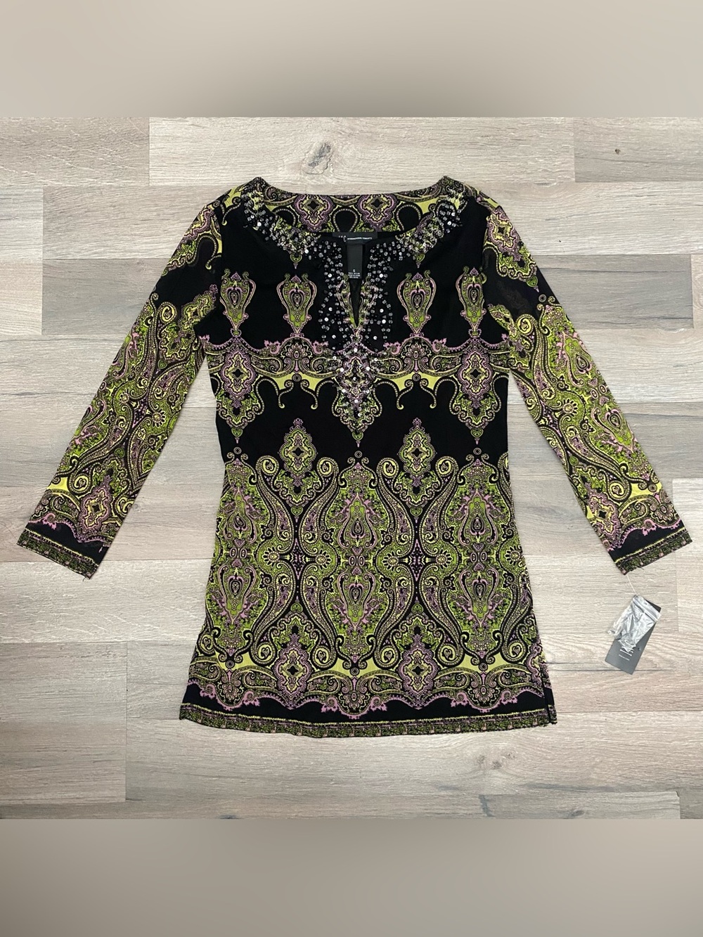 NWT INC Size S Y2K Paisley Beaded Keyhole Tunic 3/4 Sleeve Boho Indie Grunge